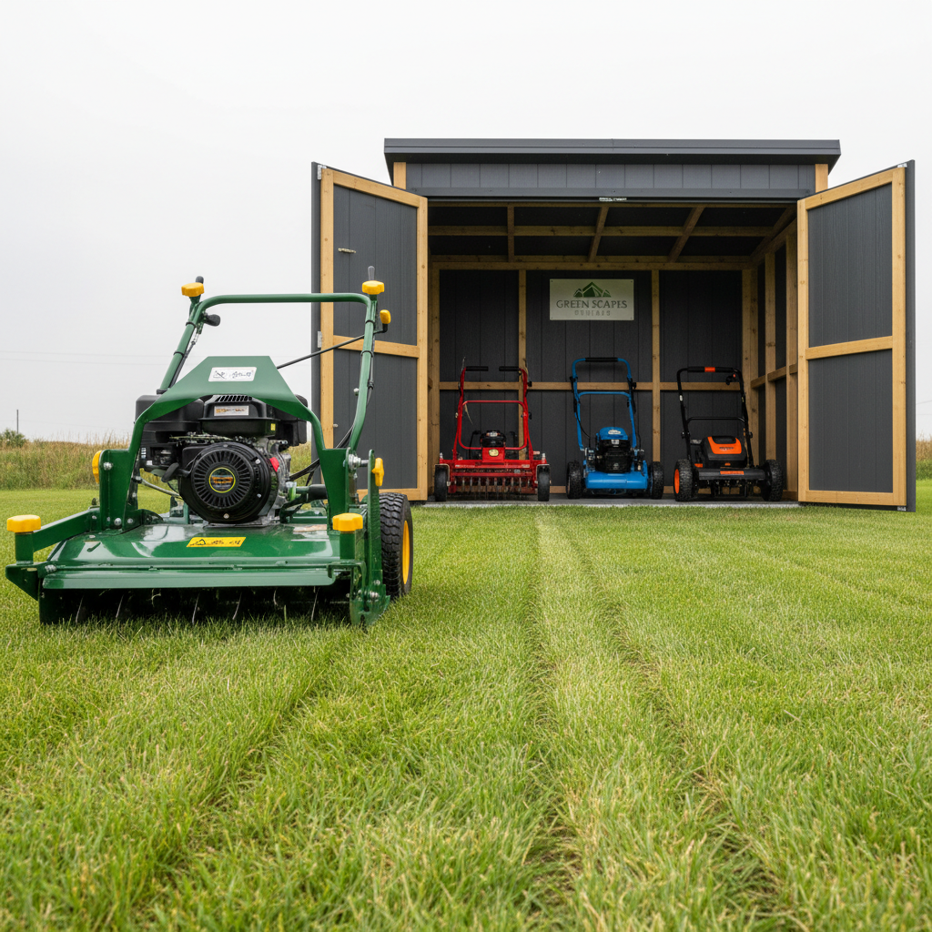 A compact, high-quality verticutter with a sturdy green chassis and bright yellow adjustment knobs stands on a lush, freshly cut lawn showing precise, narrow grooves in the grass behind it. To the right, a simple, modern outdoor storage shed with open double doors reveals neatly lined-up rental equipment: lawn scarifier, small aerator, and an electric dethatcher, all spotless and well maintained. Overcast sky provides diffused, even lighting that eliminates harsh shadows, making every detail of the machines clearly visible. Shot from a slightly elevated angle, the composition emphasizes depth, leading the eye from the verticutter’s blades to the patterned lawn. The atmosphere feels organized and trustworthy, with clean lines and photographic realism that reflects a professional, service-focused garden equipment rental company.