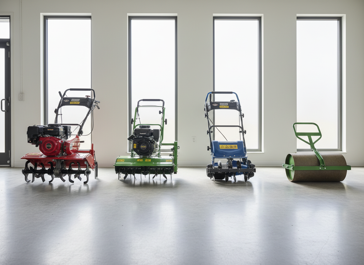 An orderly, professional rental equipment display in a bright, modern garage-like space, featuring a row of garden machines: a heavy-duty tiller, a scarifier, an aerator, and a compact lawn roller, all aligned on a spotless smooth concrete floor. Each machine is in pristine condition, with clean paintwork in greens, reds, and blacks, and clearly visible control labels. Large frosted windows along one wall let in soft, diffused daylight that creates subtle reflections on metal parts and casts faint, controlled shadows. Shot from a wide, slightly elevated angle with sharp focus throughout, the image emphasizes the range and quality of available tools. The atmosphere is professional, organized, and trustworthy, with a clean, photographic realism style ideal for showcasing the comprehensive offer of a garden equipment rental service.
