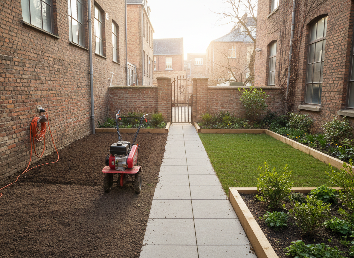 A well-planned small urban garden courtyard, half in preparation and half finished, demonstrates the impact of professional rental tools. On one side, a compact tiller stands on freshly cultivated soil awaiting planting, and on the other, a neatly laid lawn and young shrubs show the completed result. Simple raised beds with smooth wooden borders line the edges, and a minimal stone path divides the two zones. Soft late-morning natural light filters in from above, creating gentle, realistic shadows and a calm, balanced feel. Captured from a slightly elevated, wide-angle perspective, the image maintains sharp focus throughout to emphasize transformation. The mood is inspiring and practical, with clean photographic realism that showcases how rented garden equipment can turn an empty space into a well-kept private garden.