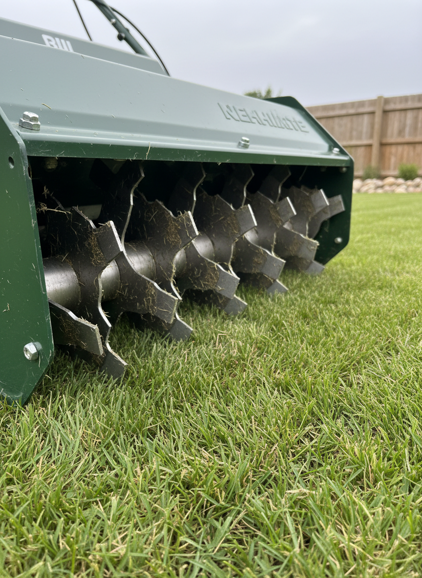 A detailed close-up of a verticutter’s rotating blade drum, showing sharp, evenly spaced steel knives with a slight sheen, partially coated with fine grass residue, conveying recent but careful use. The machine’s housing is a matte dark green with subtle branding, resting on a vivid green lawn that shows clearly defined vertical slits from the last pass. Soft, diffused morning light from an overcast sky eliminates harsh reflections, allowing the textures of metal, paint, and grass to stand out. The background is intentionally blurred, hinting at a simple fence and garden border stones. Shot from a very low, side-on macro perspective with shallow depth of field, the composition feels technical and precise. The atmosphere is professional and focused on performance, rendered in crisp photographic realism ideal for a product detail or service explanation page.