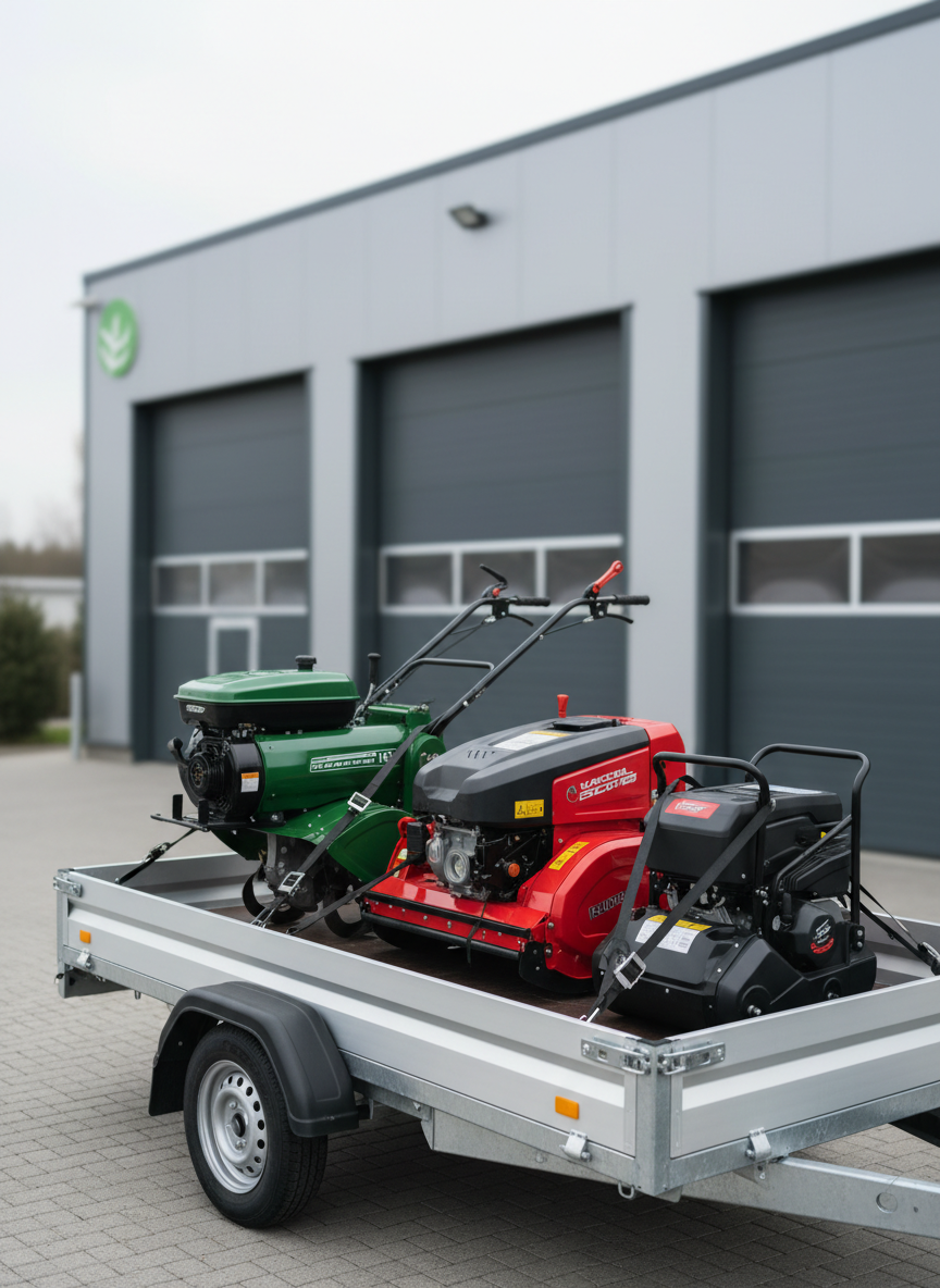 A robust, trailer-mounted garden equipment setup prepared for delivery, featuring a securely strapped heavy-duty tiller, a mid-size verticutter, and a compact aerator, all aligned on a galvanized metal trailer bed. The machines’ colors—deep green, industrial red, and matte black—stand out against the neutral silver of the trailer. In the background, a minimalist warehouse facade with large, closed gray doors and a subtle green logo appears slightly blurred to keep attention on the equipment. Soft, bright daylight under a lightly overcast sky ensures even, shadow-free illumination. Captured from a three-quarter front angle at standing height, the composition emphasizes readiness and mobility. The image has a professional, logistical mood rendered in clean photographic realism, ideal for illustrating delivery or transport options for rented garden machinery.
