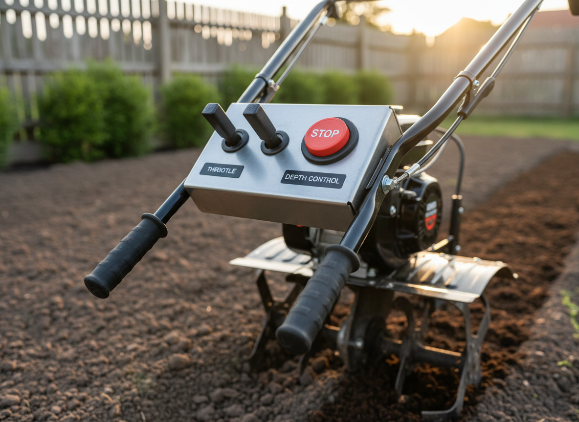 A close-up photographic view of a rugged petrol-powered garden tiller’s control panel, featuring clearly labeled levers, a textured black rubber handle, and a bright red safety switch, all free of dirt and wear. The machine is parked on a compacted, half-tilled garden bed, where the soil transitions from untouched to finely milled earth, showing the tool’s effectiveness. Soft golden hour sunlight from the right creates subtle metallic highlights and warm tones on the soil, while the background fades into a gentle bokeh of out-of-focus shrubs and a simple wooden fence. Captured from a low, slightly diagonal angle, the composition focuses on functional details and build quality. The mood is confident and precise, conveying reliability and ease of use through realistic, sharp photographic style.