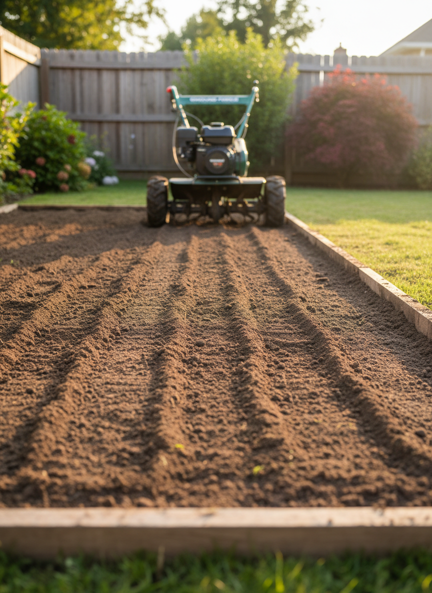 A freshly prepared backyard plot ready for a new lawn, with straight, well-defined edges and evenly cultivated soil showing fine, parallel lines left by a powerful garden tiller that rests at the far end of the plot. The tiller, in dark green and silver, has slightly dusty tires and tines that show recent use, emphasizing practicality and performance. Surrounding the plot are healthy, established shrubs and a simple wooden border, all in soft focus. Late afternoon sunlight casts long, gentle shadows across the soil, accentuating texture and depth. Captured from a low, forward-facing angle, the composition leads the viewer’s eye from the foreground texture to the machine. The mood is optimistic and purposeful, highlighting the results achievable with professional rental equipment in a realistic, clean photographic style.