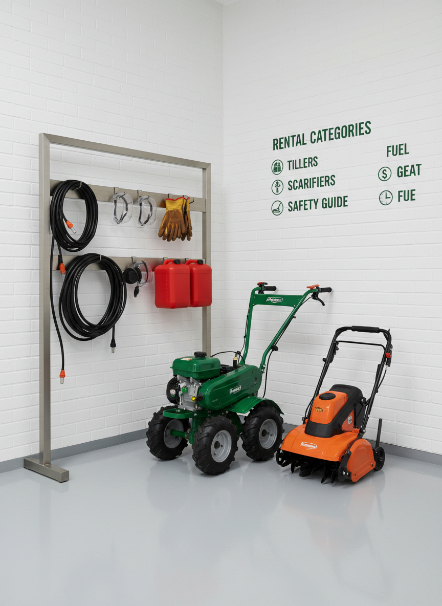 An organized, compact garden equipment rental corner featuring a sturdy metal rack with neatly hung extension cables, safety goggles, work gloves, and fuel canisters beside a polished green tiller and a bright orange electric scarifier. The tools sit on a clean, light gray epoxy floor with a subtle shine, reflecting soft highlights. A white painted brick wall behind them includes minimal, tasteful signage in dark green indicating rental categories and clear pricing icons, all slightly out of focus to keep attention on the equipment. Bright but diffused overhead lighting creates even illumination without harsh shadows. Captured at eye level with a balanced composition using the rule of thirds, the image feels modern, transparent, and customer-friendly, rendered in realistic photographic style appropriate for illustrating rental process clarity and equipment readiness.