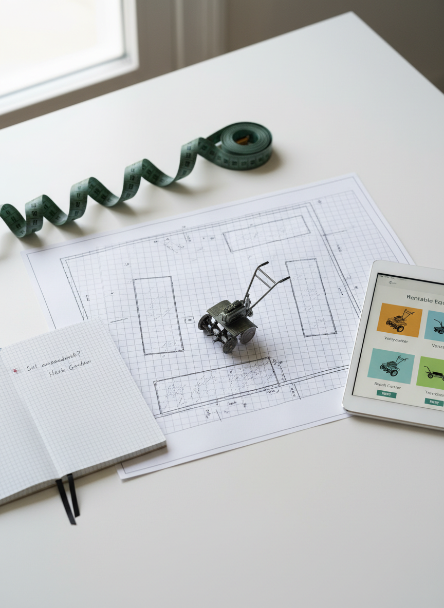 A precise, top-down photographic view of a clean, white planning table displaying a neatly arranged garden project layout: a printed garden plan with measured beds, a small open notebook, a dark green metal tape measure, and a tablet showing icons of rentable equipment like tillers and verticutters. A miniature metal model of a garden tiller sits on the plan as a focal point, its details finely rendered. Soft, indirect daylight from a nearby window illuminates the scene evenly, casting soft, almost imperceptible shadows. The composition is minimalist and carefully balanced, with elements arranged along invisible grid lines for clarity. The mood is methodical and professional, emphasizing planning and precision, captured in high-resolution photographic realism perfect for a “How to start your garden project” informational section.
