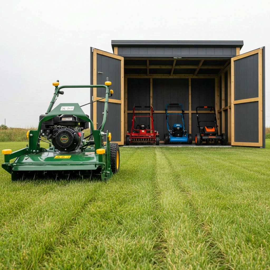 A compact, high-quality verticutter with a sturdy green chassis and bright yellow adjustment knobs stands on a lush, freshly cut lawn showing precise, narrow grooves in the grass behind it. To the right, a simple, modern outdoor storage shed with open double doors reveals neatly lined-up rental equipment: lawn scarifier, small aerator, and an electric dethatcher, all spotless and well maintained. Overcast sky provides diffused, even lighting that eliminates harsh shadows, making every detail of the machines clearly visible. Shot from a slightly elevated angle, the composition emphasizes depth, leading the eye from the verticutter’s blades to the patterned lawn. The atmosphere feels organized and trustworthy, with clean lines and photographic realism that reflects a professional, service-focused garden equipment rental company.